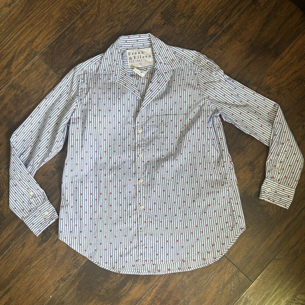 Frank & Eileen Eileen Cotton Relaxed Buttonup Vertical Blue Stripe Red Heart XS